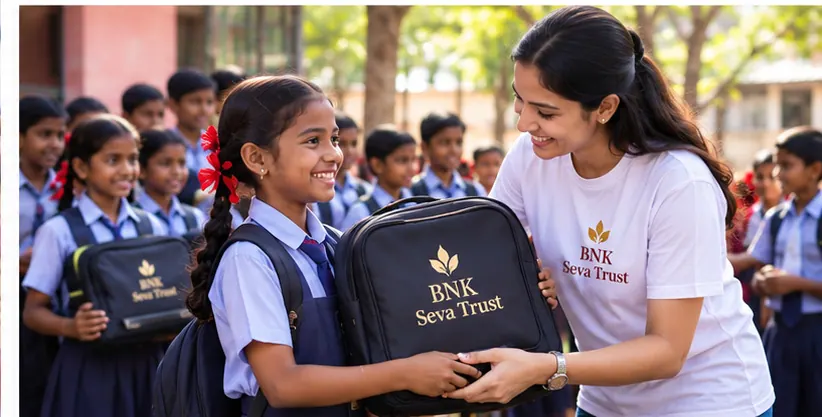 Volunteer giving school supplies to students