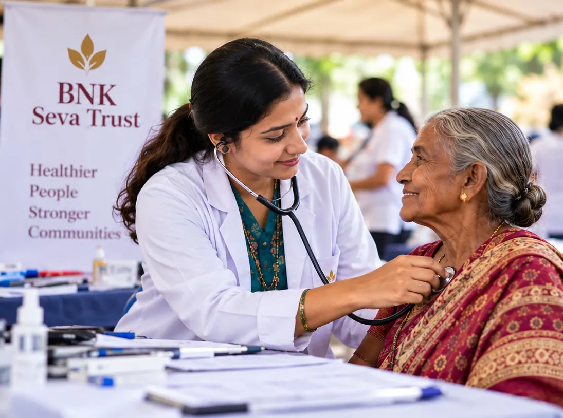 Doctor assisting an elderly woman at a medical camp